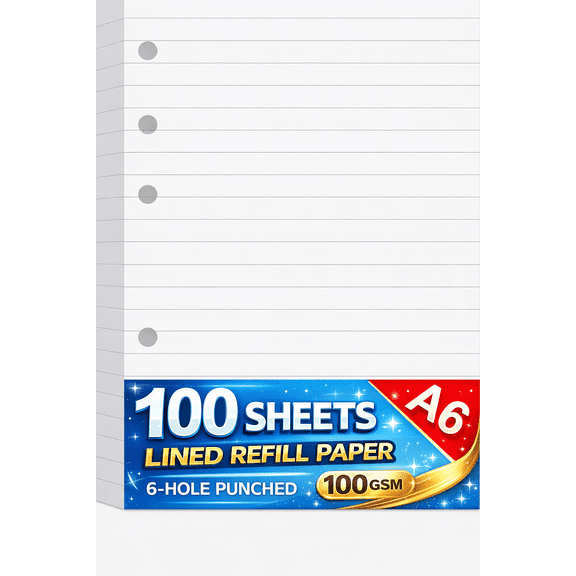 225 Sheets A6 Lined refill paper, White 100gsm Ruled Pages, 6 Hole Punched, 225Sheets/500 Pages, 3.75 x 6.75 Inch