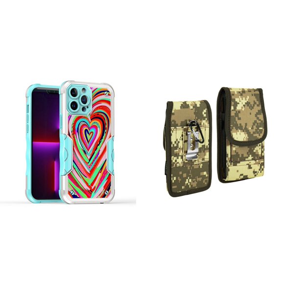 Case and Pouch Bundle for iPhone 14 Pro Max: Heavy Duty Armor Rugged Case (Abstract Love Hearts) and Vertical Rugged Nylon Belt Holster (Digital Camo)