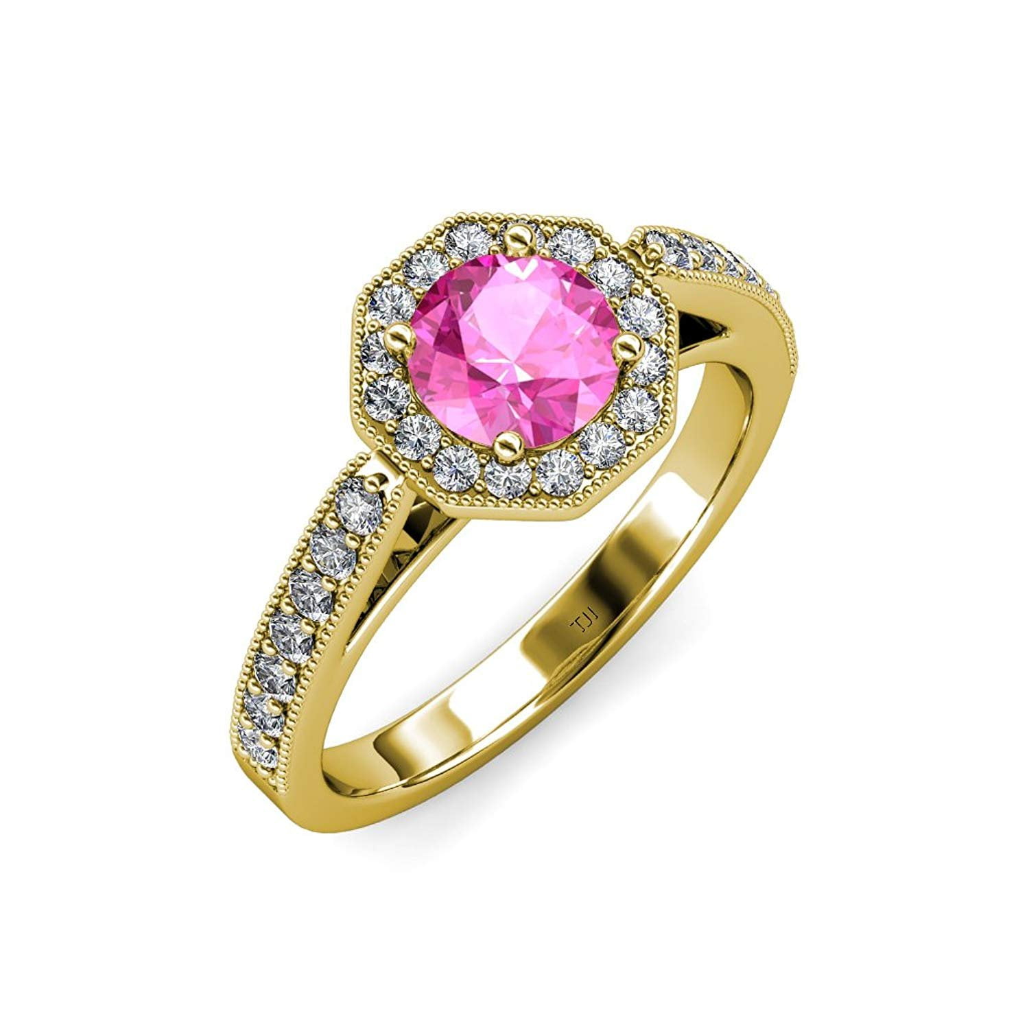Pink Sapphire and Diamond Halo Engagement Ring with Milgrain Work 1.05 ct tw in 14K Yellow Gold.size 5.5 by TriJewels