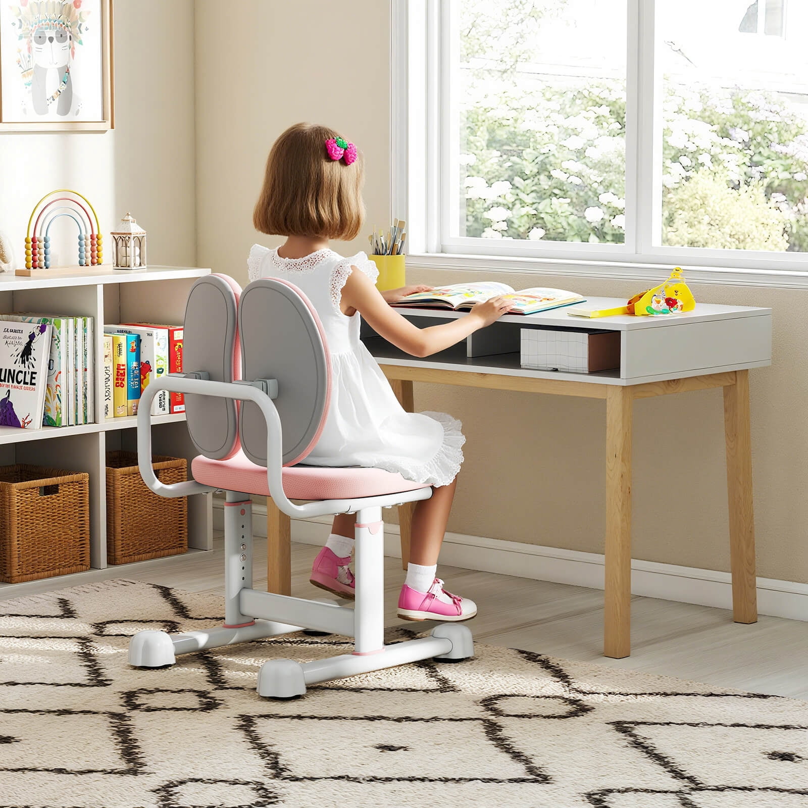 Costway Kids Desk Chair with Double Back Support Adjustable Height Upholstered Computer Chair Pink