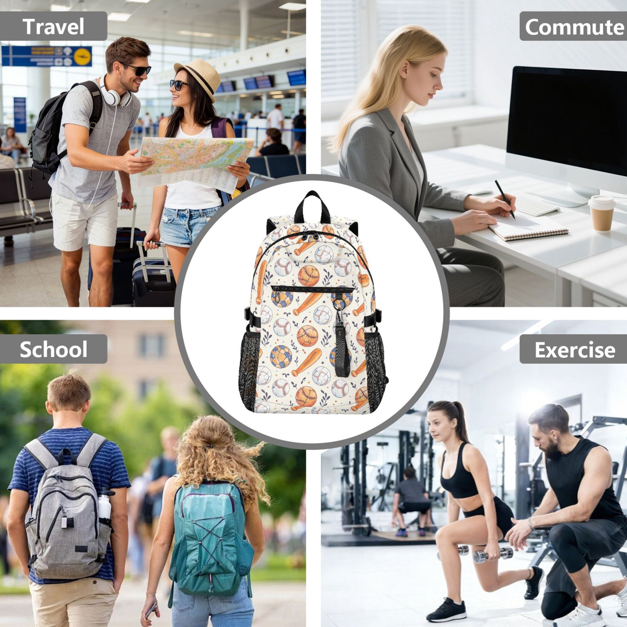 JIALIOU 14" Laptop Backpack Waterproof Airline Approved Stylish Casual Daypack for Travel Business College Work, Baseball Bats Soccer Basketball