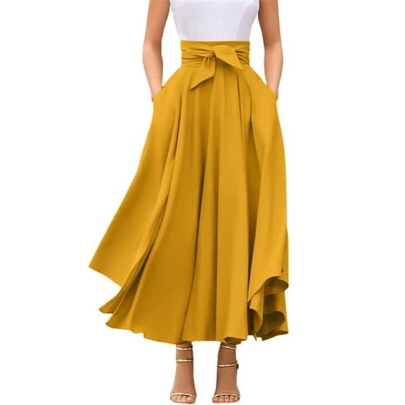 sicmoss Women's Yellow High Waisted Bohemian Maxi Skirt, Side Slit Flowy with Pockets