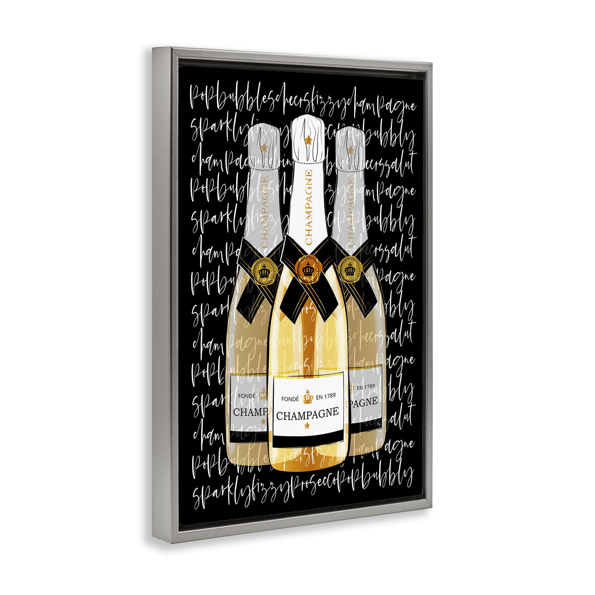 Stupell Industries Triple Champagne Bottle Love Gray Framed Floater Canvas Wall Art, design by Martina Pavlova