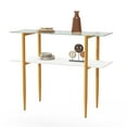 thumbnail image 5 of Glass Sofa Table, Mid-Century Modern Entryway Table with Tempered Glass & Golden Legs, 2-Tier Behind Couch Table for Living Room Hallway Entrance, White, 5 of 9