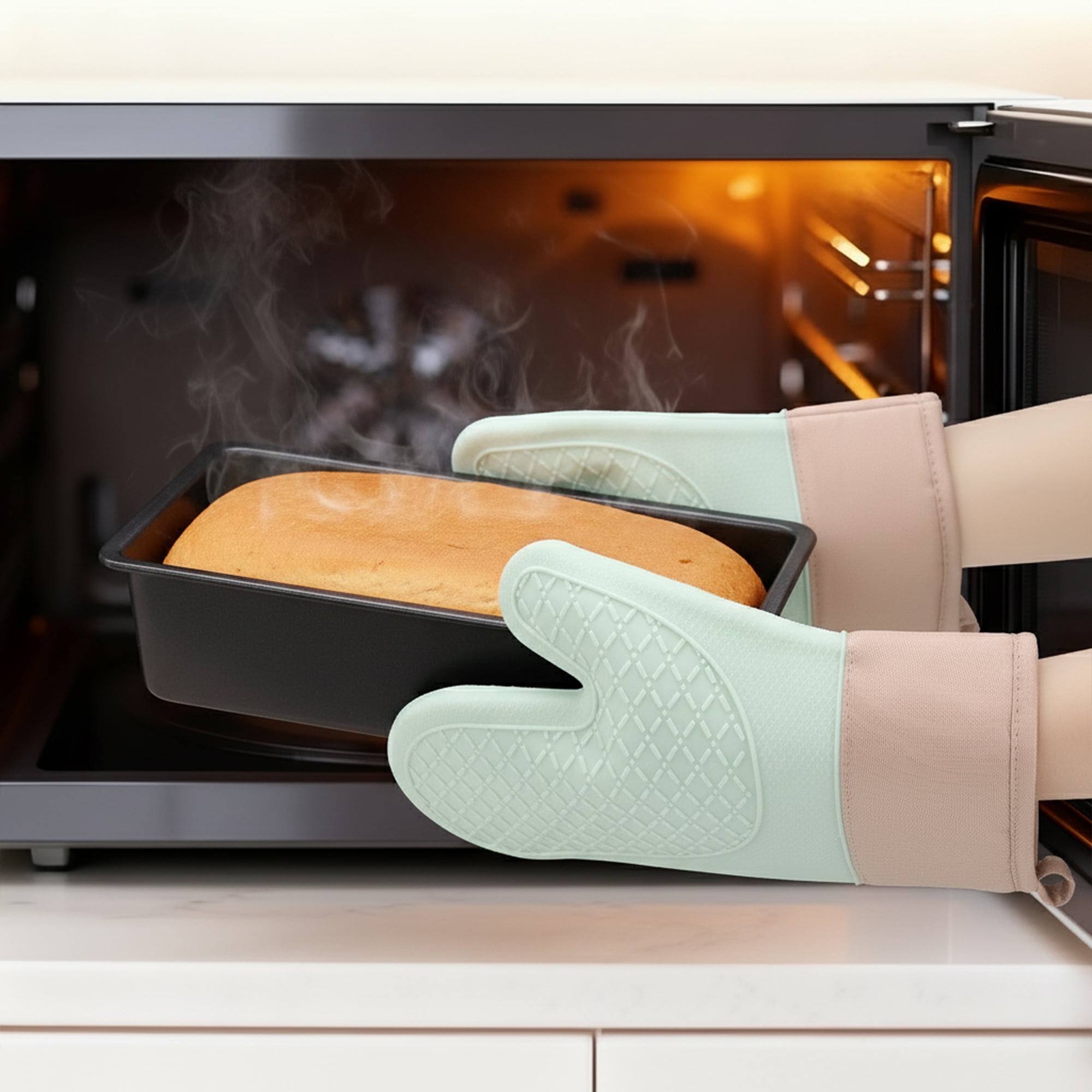 Unique Bargains 2pcs Soft Silicone and Cotton Heat-Resistant Oven Mitts Green 11.2" x 7.7"