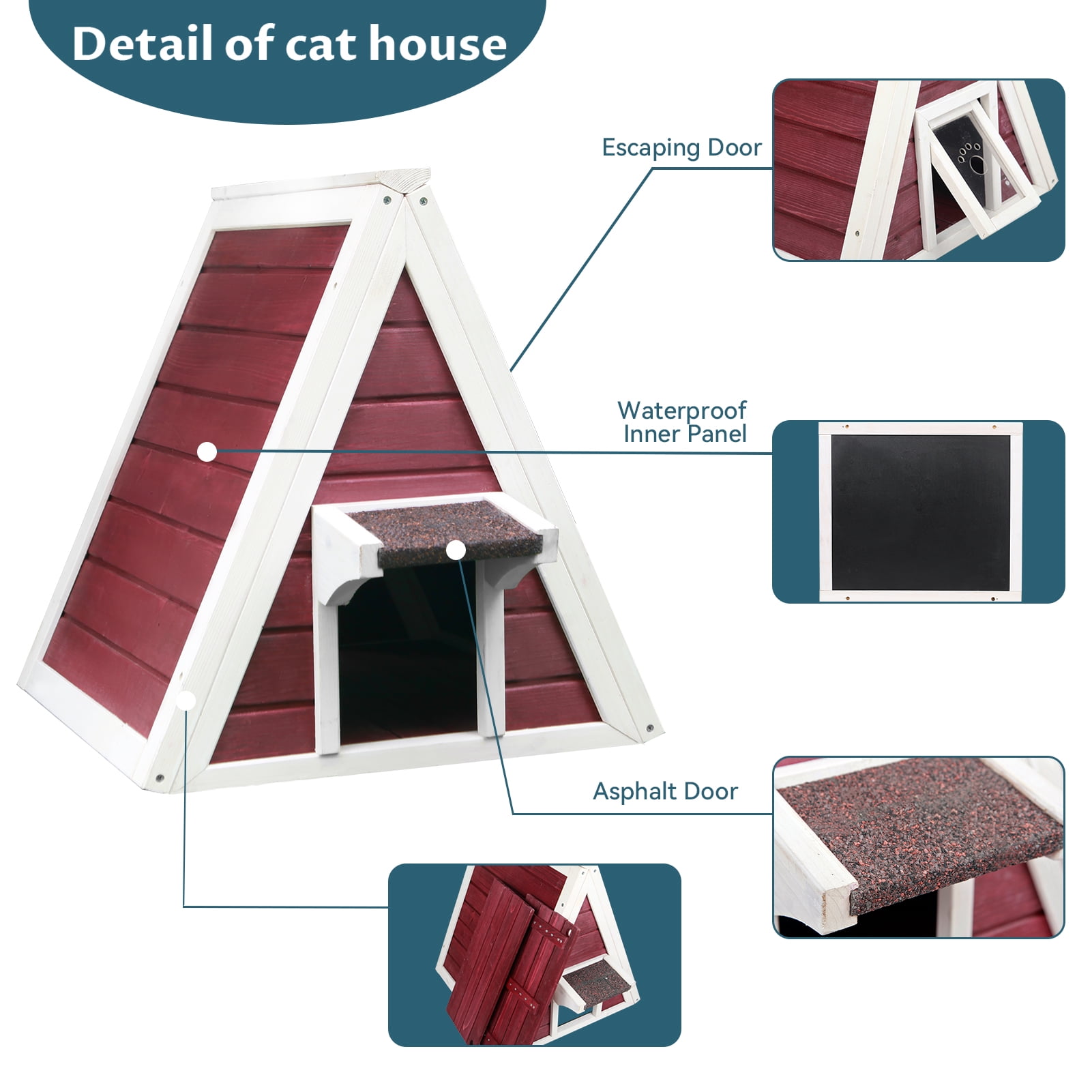Petsfit Outdoor Cat House Weatherproof, Outside Feral Cat House with Escape Door,Outdoor Indoor Pet House for Small Animal,Red