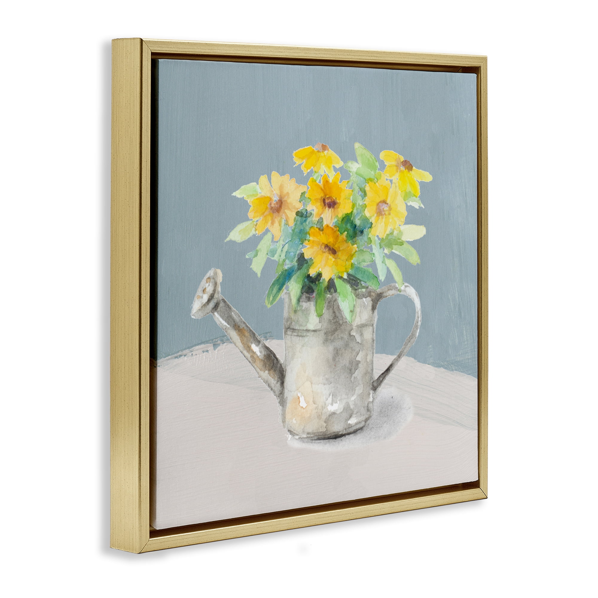 Stupell Industries Daisies in Watering Can Gold Framed Floater Canvas Wall Art, design by Lanie Loreth
