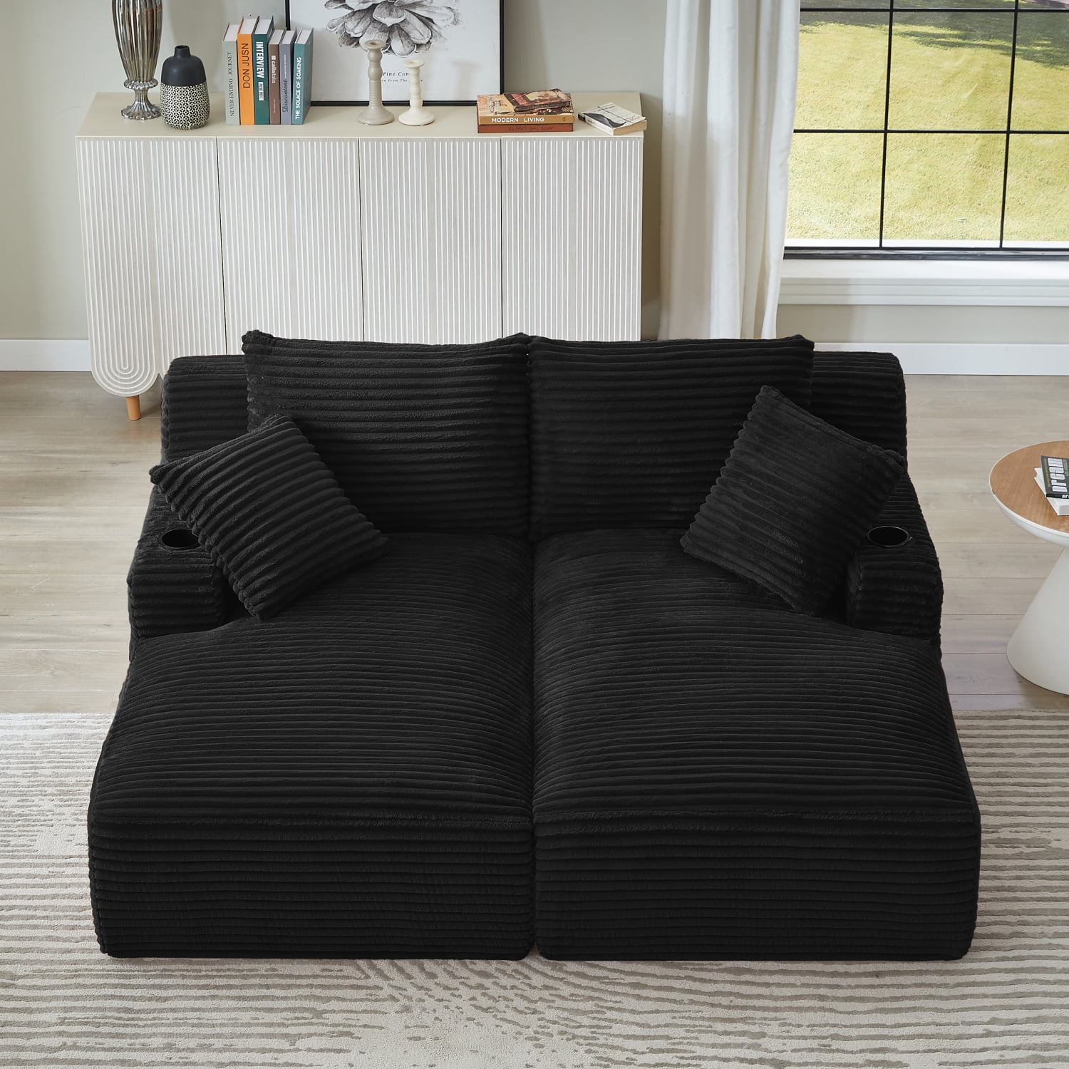 Lisonu Black Corduroy Double Chaise Sleeper Loveseat with Cupholders — No Assembly, Compressed Expandable Sofa with Spring Padding, Plush Modern Fluffy 2-Seat for Living Room & Bedroom