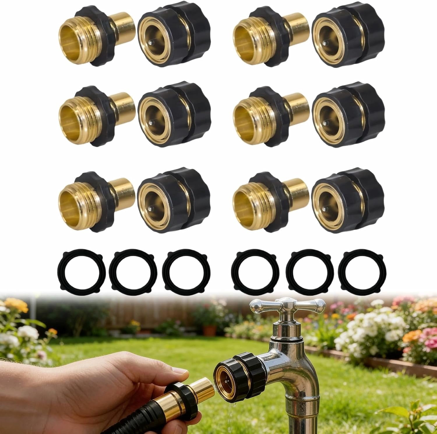 3/4 Inch Garden Hose Quick Connector 4 Sets/Bag, Universal Garden Hose Quick Connect Set Brass Hoses Tap, Hoses Attachment(4Pcs)