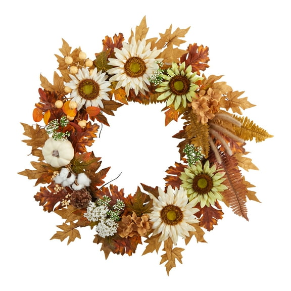Nearly Natural Plastic Artificial Fall Wreath, with Sunflower 30" (Multicolor)