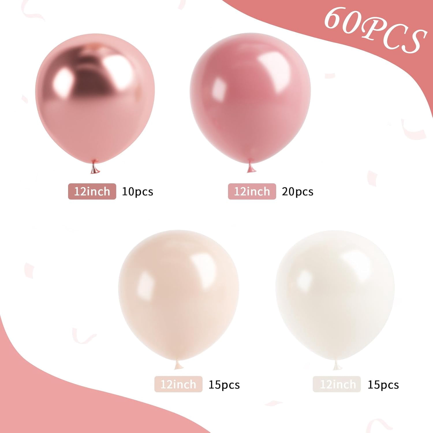 Blush Pink Balloons, 60 Pcs 12 Inches Dusty Pink Double Stuffed Nude Beige Balloon, Retro and Rose Gold  Balloons Set for Girls Bridal Birthday Baby Shower Weddings Party Decoration