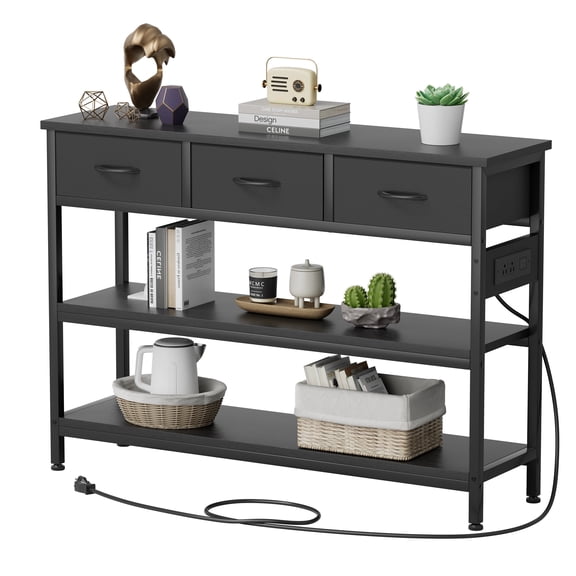 Aufeile 43" Narrow Console Table, Entryway Table with 3 Drawers and Outlets, Fabirc Sofa Table with Open Shelves for Couch, Hallway, Foyer, Living Room, Black