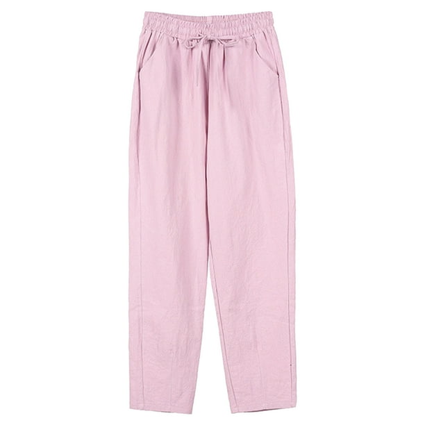 Pantalones palazzo de algodón y lino de cintura alta para mujer: pierna ancha, corte holgado, bolsillos, transpirables para verano/playa