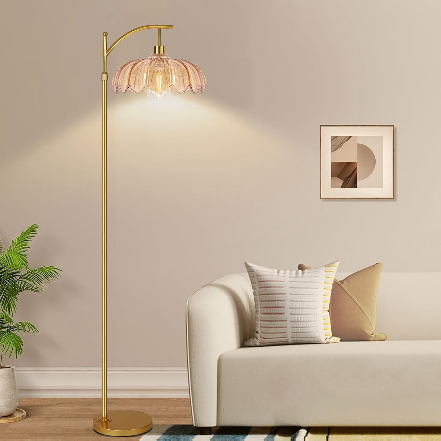 Vintage Floor Lamps For Living Room Glass Lamp With Remote Control & 3 Color Temperature Dimmable Mid Century Modern Standing Brass Tall Bedroom Corner