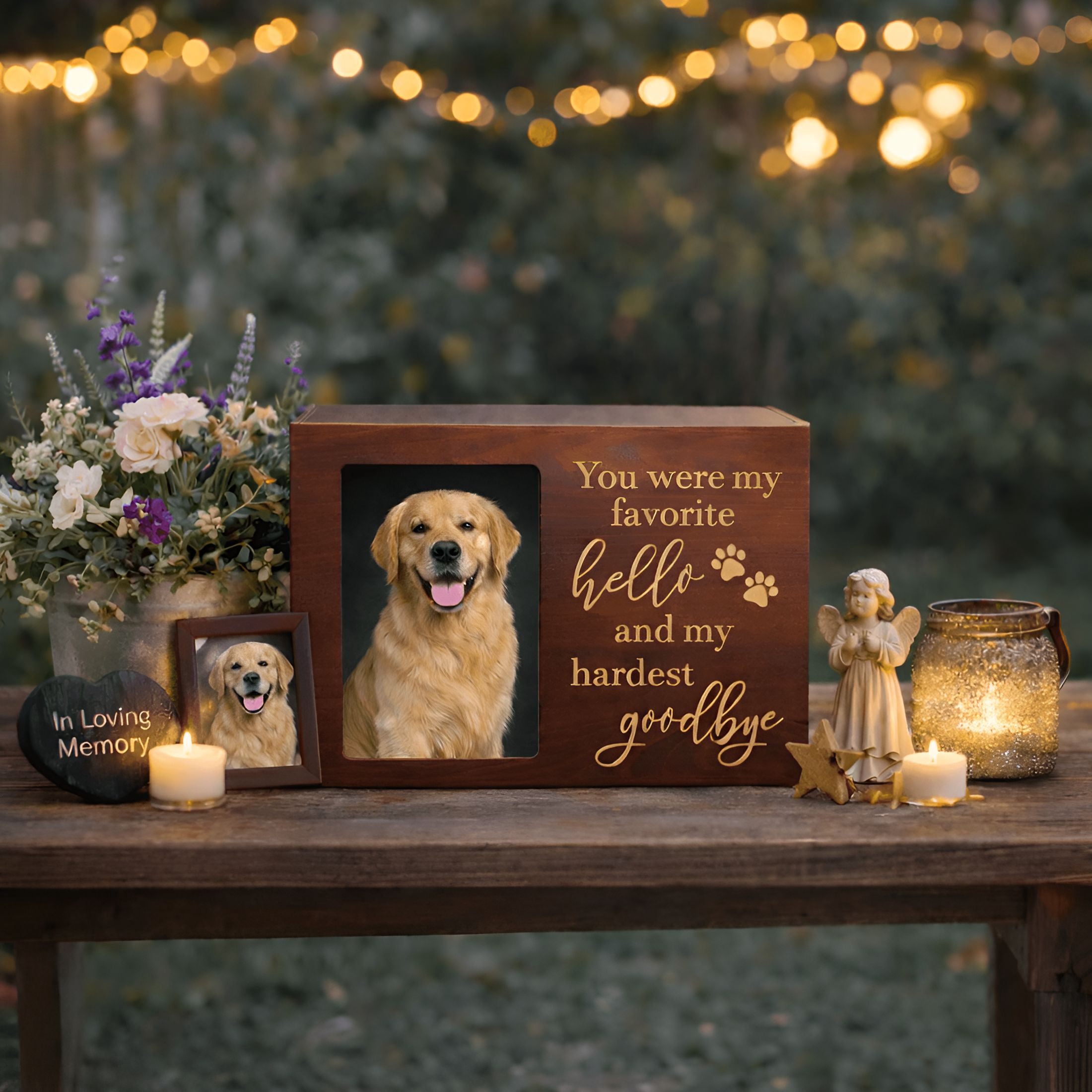 XIBUFE Pet Memorial Urn,Large Wooden Cremation Urn with Photo Frame,Keepsake Memory Box for Dog and Cat Ashes,Black Flannel Lining