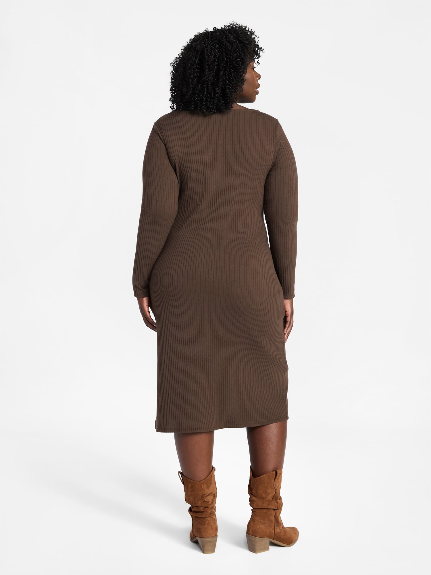 Terra & Sky Women’s Plus Ribbed Knit Midi Dress with Long Sleeves, Sizes 0X-4X