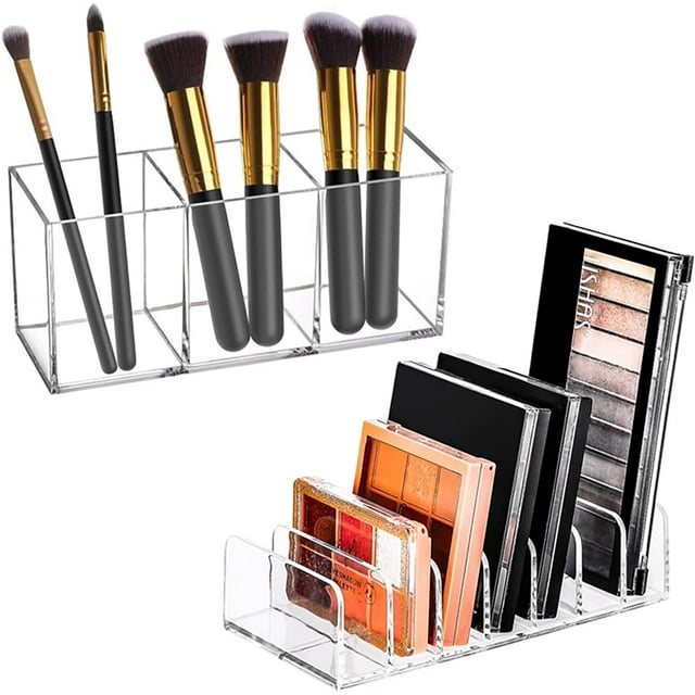 Organizador Brochas y Paletas Maquillaje Transparente Acrílico, Organizador Brochas Maquillaje 3 Ranuras, 7 Secciones Organizadores Paletas, para Tocadores
