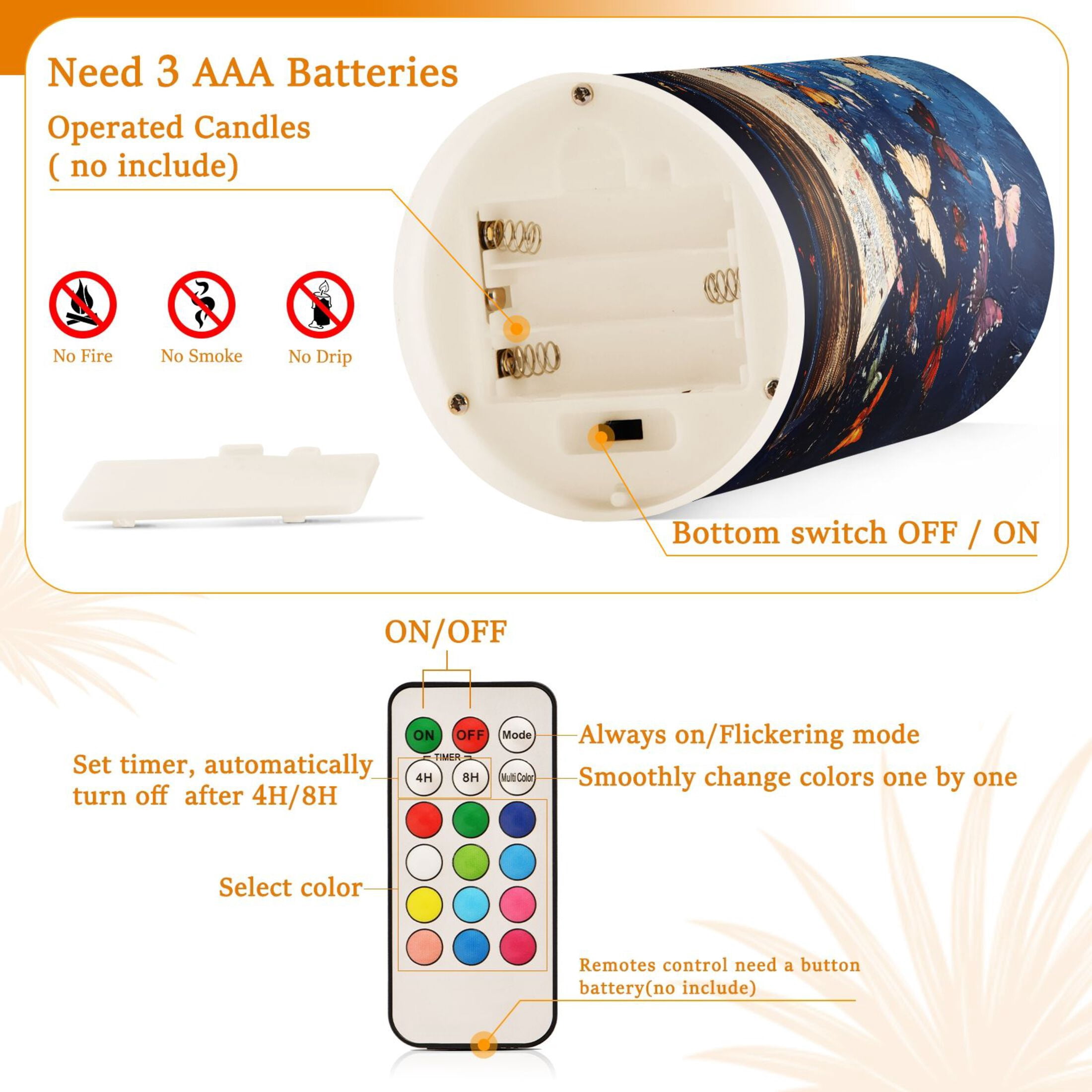 Flickering Flameless LED Candles set of 2 Battery Operated 18-Key Remotes Timer Halloween Fall Decor Colorful Butterflies Fly on Book D3''xH4''5''