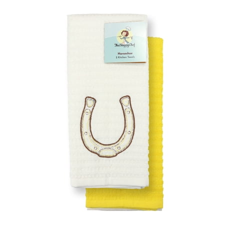 Arkwright Set of 2 Kitchen Towels Embroidered Horseshoe Design 16 x 26 100% Cotton White & Yellow