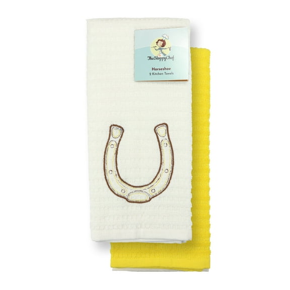 Arkwright Set of 2 Kitchen Towels, Embroidered Horseshoe Design, 16 x 26, 100% Cotton, White & Yellow