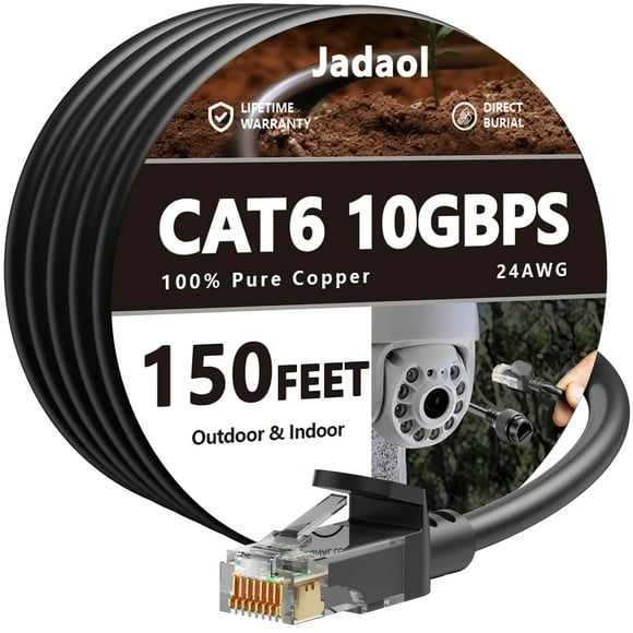 Cat 6 Câble Ethernet Extérieur 150 Pi (45,72 m), Prend en Charge le Réseau Cat8/7, 10 Gbps 550 MHz, 24AWG Cuivre Pur, Enfouissement Direct Étanche dans le Sol Résistant aux UV Câble de Patch LAN f