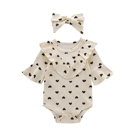 

MELDVDIB Baby Romper Infant Baby Girls Valentine s Day Hearts Print Ruffles Romper Bodysuit+Headbands Gift on Clearance