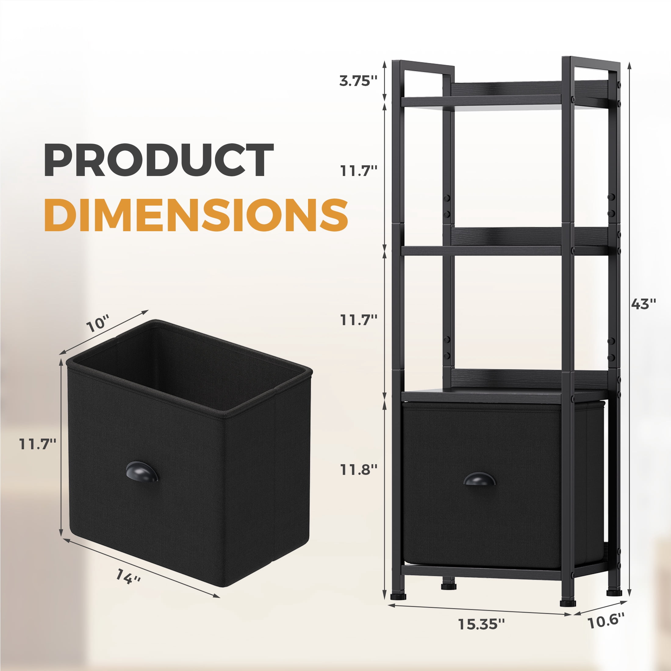 EDX 4 Tier Bookshelf with Drawer, 43''Tall Narrow Bookcase with Shelves, Industrial Display Standing Shelf Unit for Bedroom, Living Room, Black