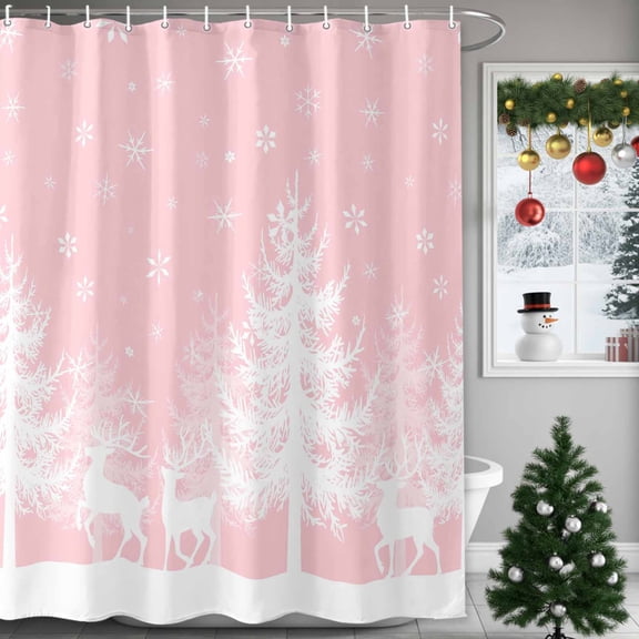 Winter White Elk Shower Curtains for Bathroom, Christmas Tree Snowflake Pink Background Waterproof Fabric Shower Curtain for Bathroom Bathtub Decoration, Machine Washable, 72"x72"