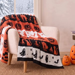 Snuggle Sac Halloween Throw Blanket Soft Reversible Microfiber Jacquard Knit with Striped Pumpkin Design Orange and Black 50 x 60 Inches
