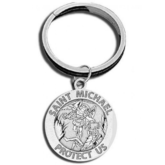 Picturesongold.Com Saint Michael Religious Engravable Keychain - 1 1/4 inch x 1 1/4 inch Round - Sterling Silver