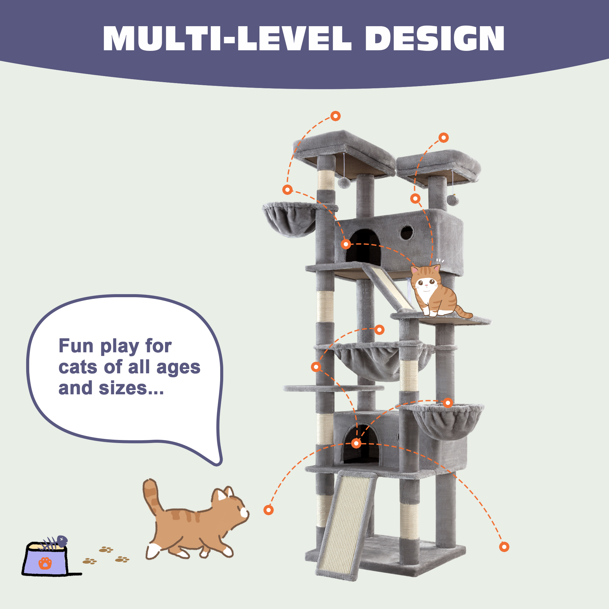 Sifurni 81" Multi-Level Tall Cat Tree Tower for Large Cat with Cat Condo and Hammock, Scratching Post & Scratching Ramp, Grey