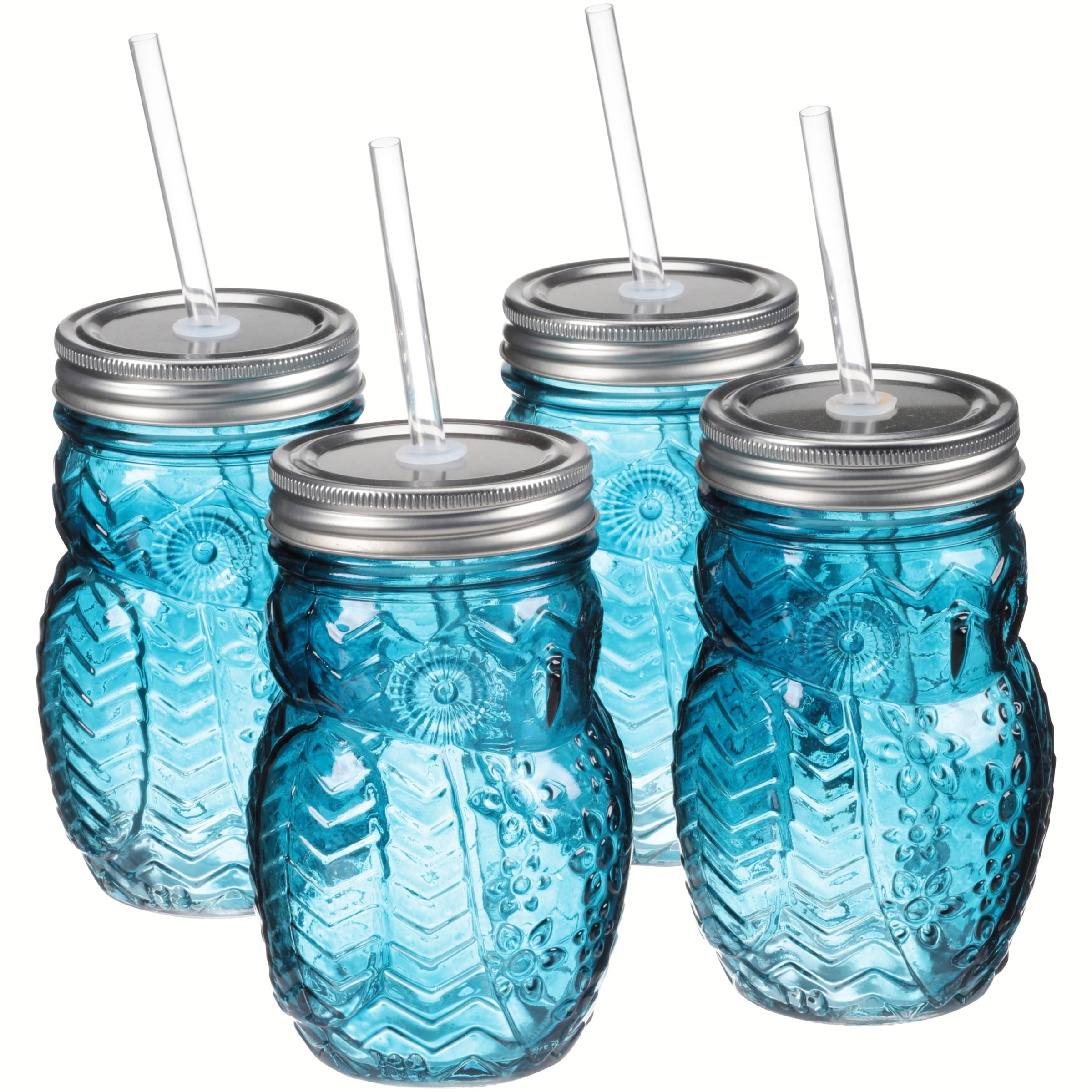 Clear 15 oz Glassware for Water Beer and Kitchen & Home Decor Bar Dining Beverage Gifts Circleware 69049 Owl Mason Jars Drinking Glasses with Metal Lids and Hard Plastic Straws Set of 4 
