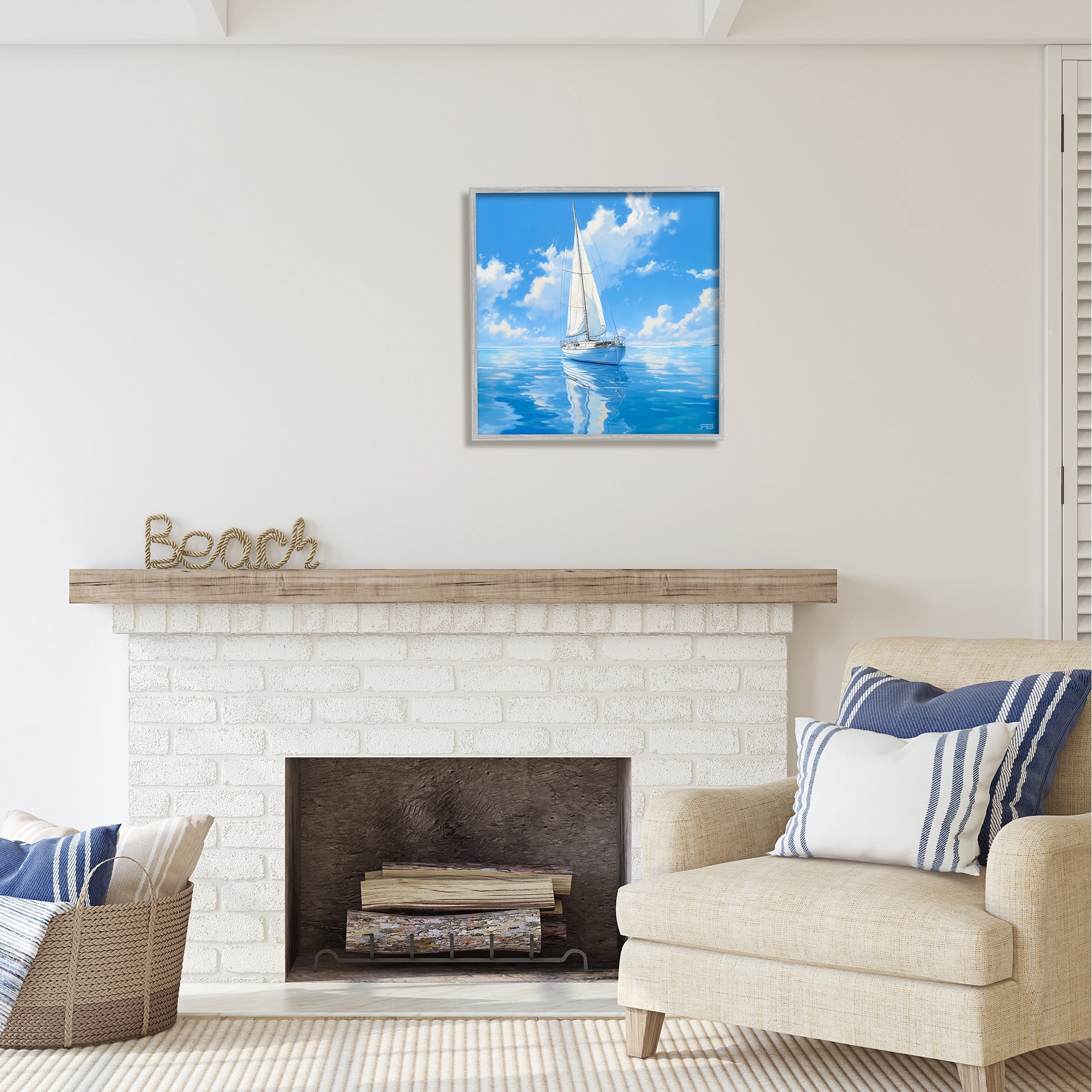 Stupell Industries Vivid Blue Sailboat Reflection Transportation Painting Gray Framed Art Print Wall Art, 24 x 24
