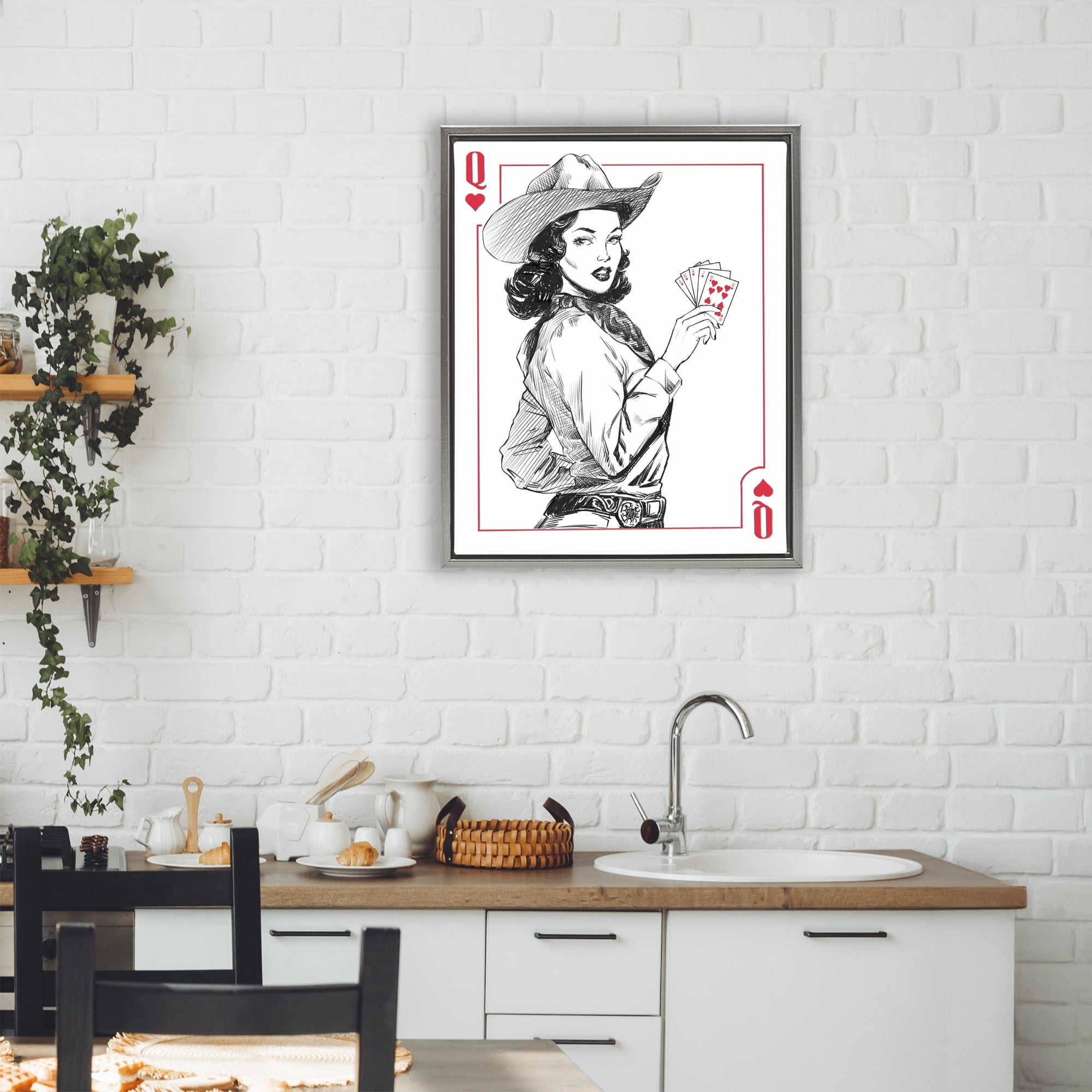 Stupell Industries Cowgirl Queen of Hearts Gray Framed Floater Canvas Wall Art, design by Ziwei Li