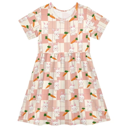 joogoo Rabbit Carrot on Checkered Girls' Short Sleeve Dress Kids Dresses 5-6T