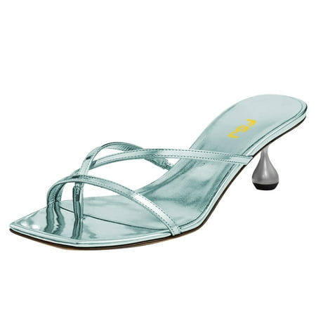 

FSJ Women Strappy Heeled Square Open Toe Thong Sandals Special Kitten Low Heel Chic Flip-flops Versatile Summer Mule Dress Shoes Size 9.5 Light Cyan