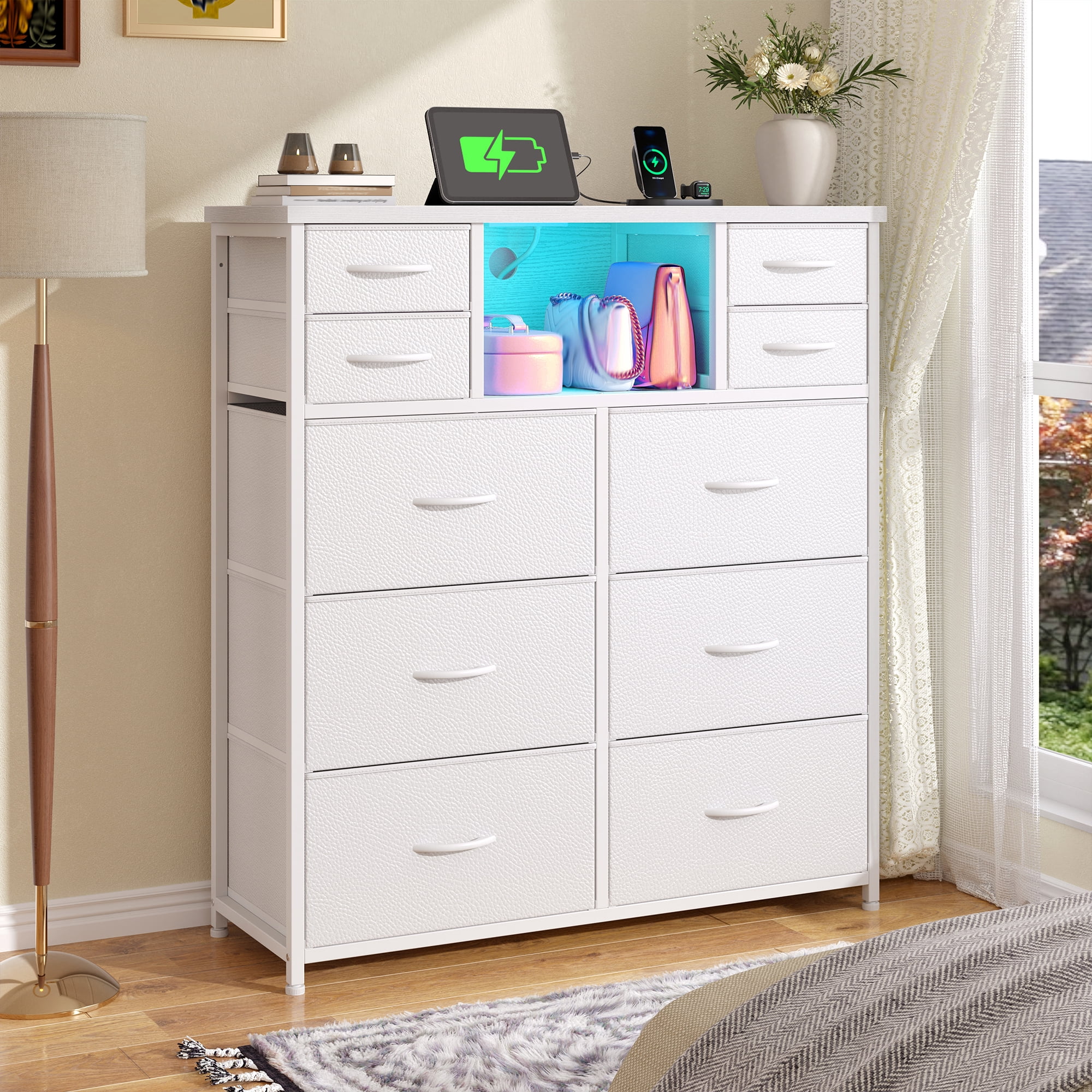 Enhomee White Dresser for Bedroom with LED Lights & Charging Station Tall Chest of 10 Fabric Drawers with Storage Shelves