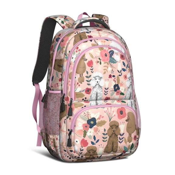 Poodle and Flowers Floral Backpack for School,Cute School Bag,Schoolbag with Adjustable Shoulder Straps & Padded Back,16.9 Inch