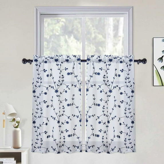 Sheer Valance Curtains, Leaf Embroidered Kitchen Window Treatment Voile Valances Cafe Curtains Rod Pocket, Faux Linen Textured Semi Sheer Bathroom Curtain Navy Blue, 52" W x 36" L