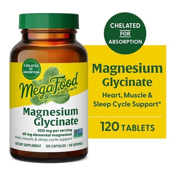 MegaFood Magnesium Glycinate 500mg - Gentle on Stomach - For Sleep & Stress - 60 Servings