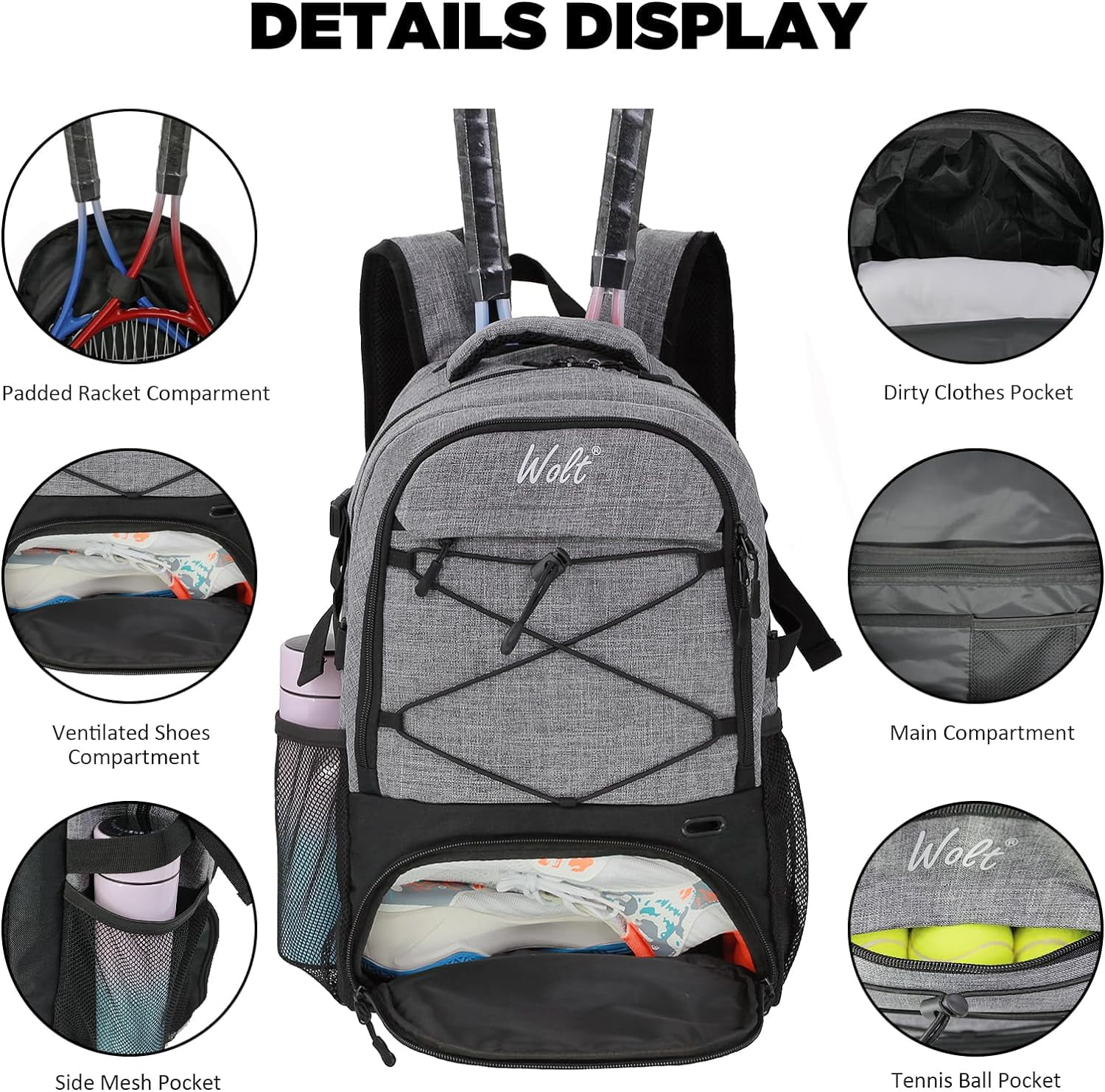 WOLT | Tennis Racket Bag--Men Ball Sports Racket Backpack Polyester Tennis Bag with Ventilated Shoe Compartment Gray