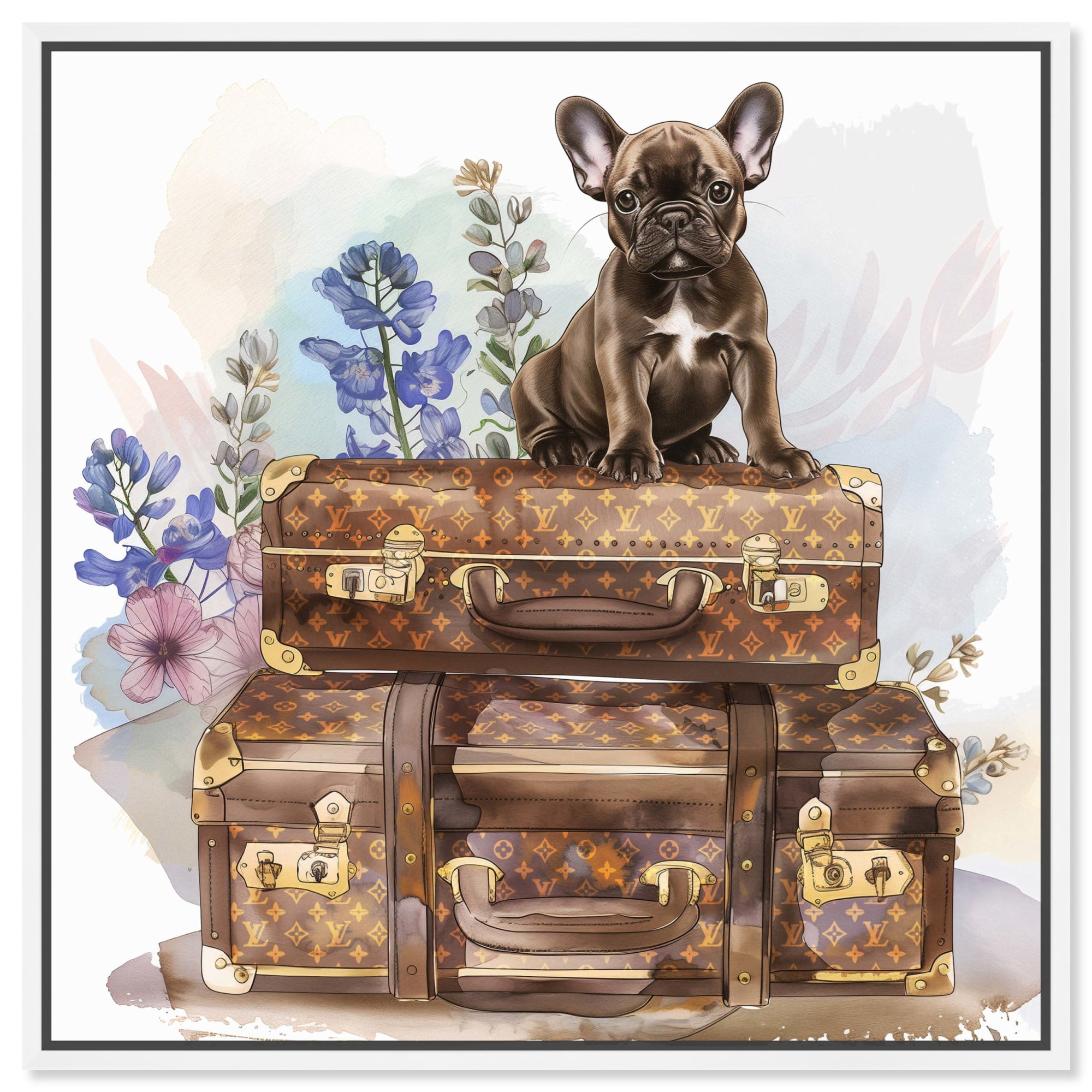 Frenchie Luggage Floral Canvas Glam Art Prints by Art Remedy, White Frame, 40" x 40"