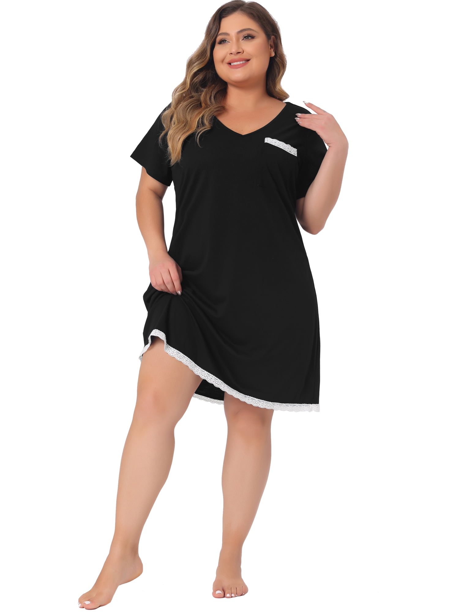 DARING DIVA Women's Plus Size Soft Short Sleeve Lace Trim Nightgown 1X Black