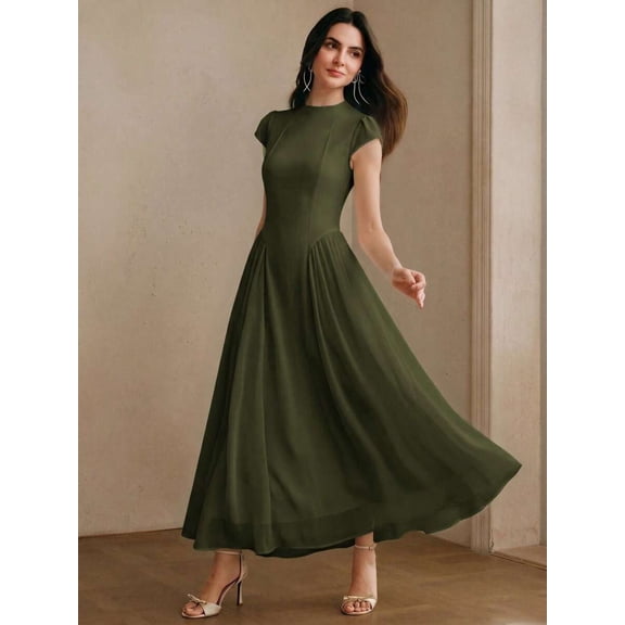 Womens Elegant Military Green Cap Sleeve High Neck A-Line Long Dress