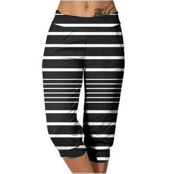 CLOISE Women's Capris with Pockets Stretch Leggings Elastic Waisted Yoga Pants Petite Summer Casual Fashion Striped Pants Loose Soft Lightweight Cropped Sweatpants Black XL
