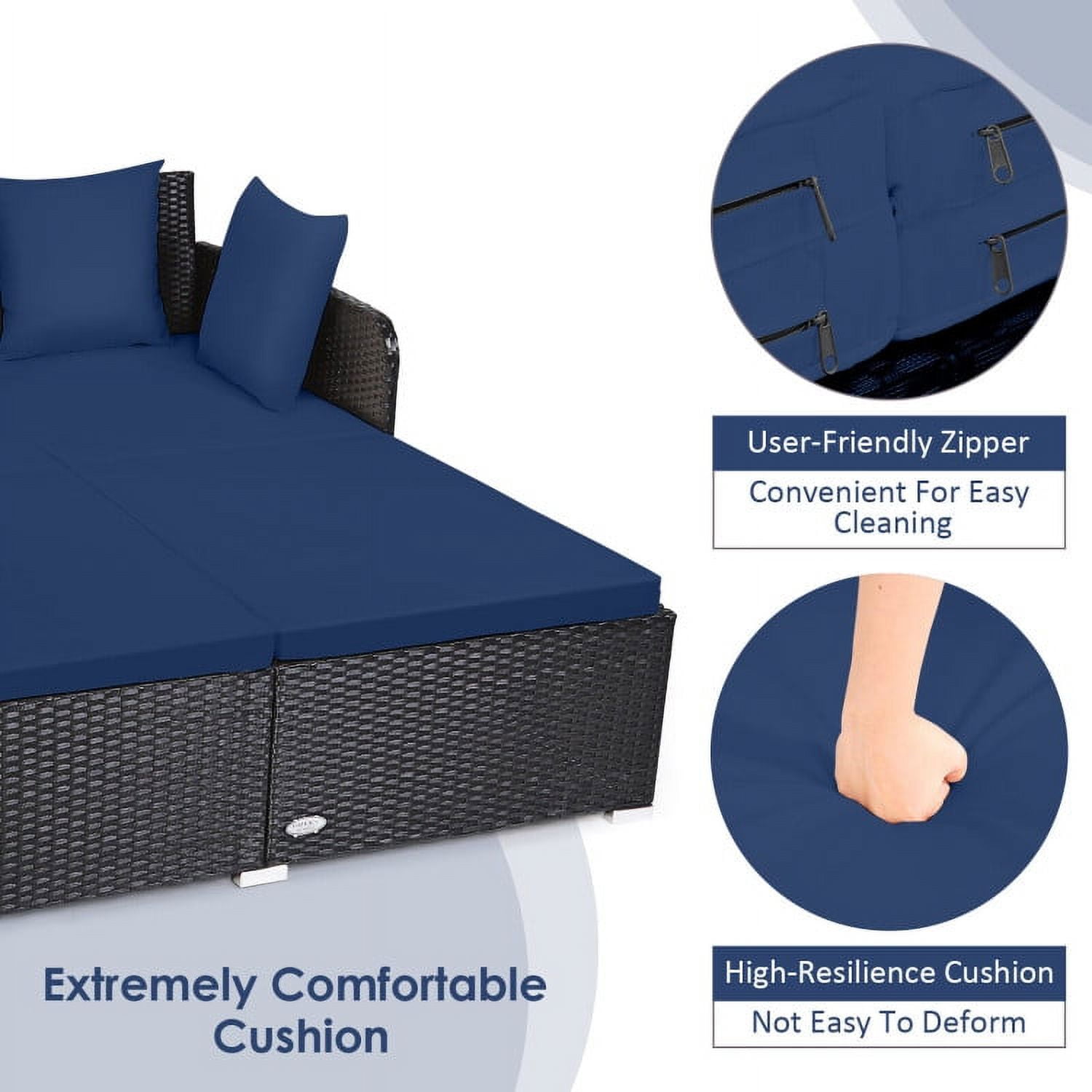 Aimee Lii Spacious Outdoor Rattan Daybed with Upholstered Cushions and Pillows, Outdoor Deck Furniture, Navy Aimee Lii Spacious Outdoor Rattan Daybed with Upholstered Cushions and Pillows, Outdoor Deck Furniture, Navy