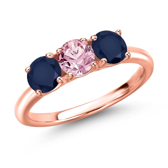 Gem Stone King 18K Rose Gold Plated Silver Pink Lab Grown Diamond and Blue Sapphire Engagement Ring for Women | 1.70 Cttw | Round 5MM | Gemstone April Birthstone | Size 9