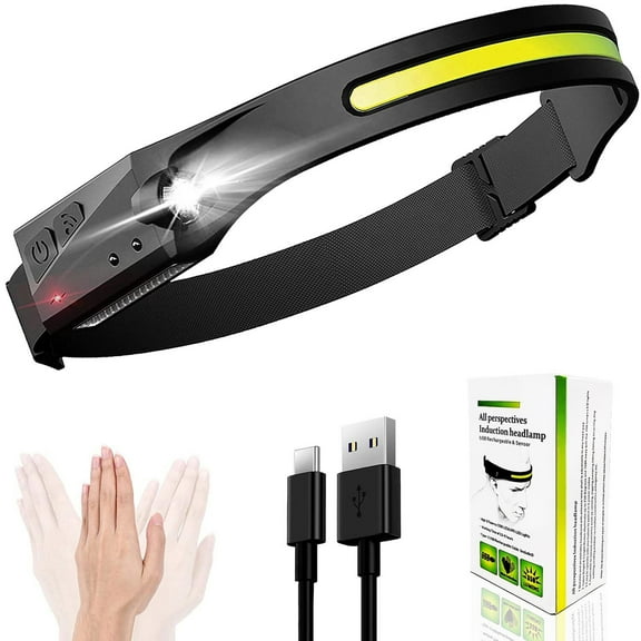 LED Headlamp Headlight wi/Motion Sensor 230° Wide Beam Lightweight for Camping