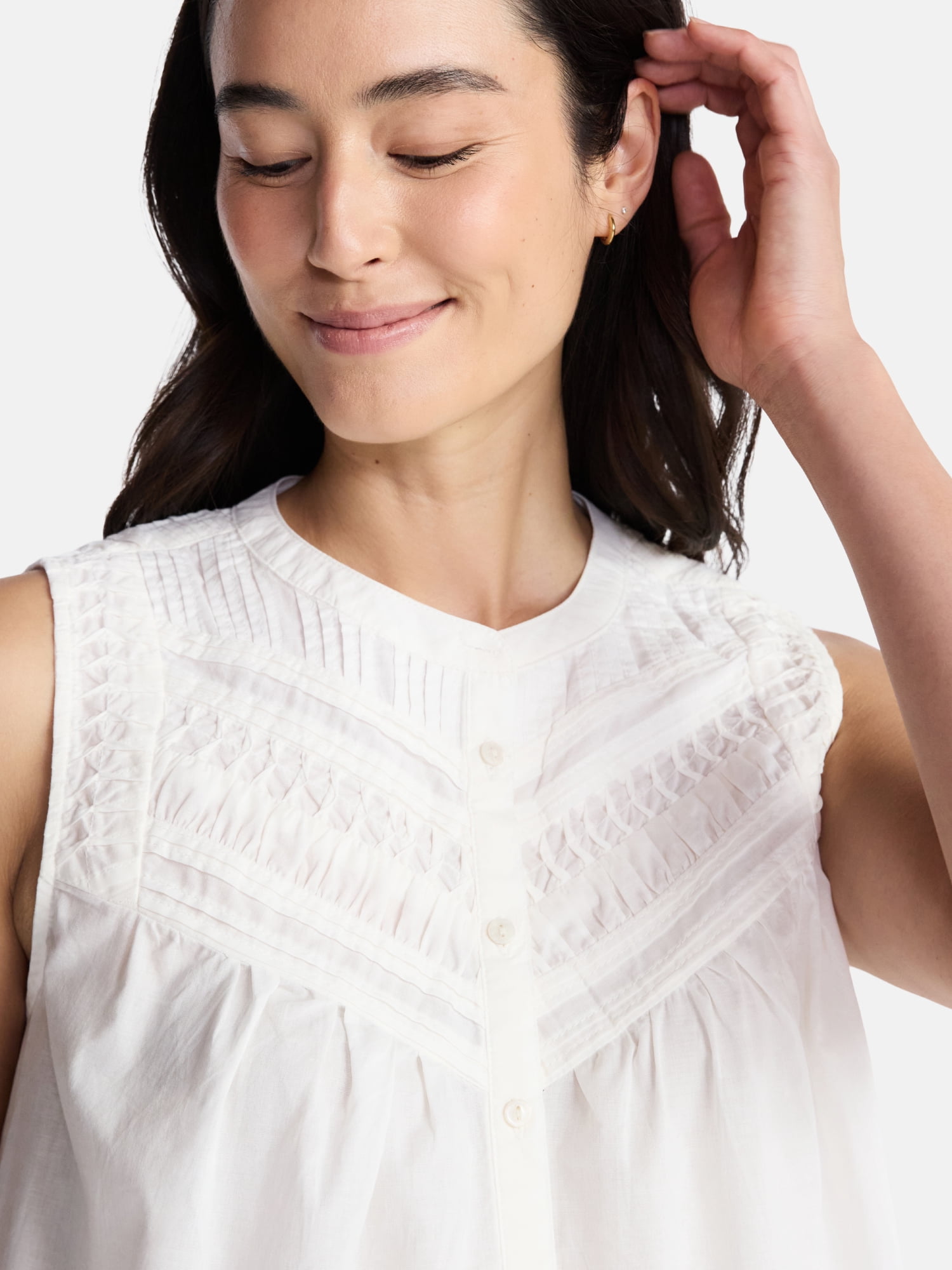 Time and Tru Women's Cotton Sleeveless Pleated Top, Sizes XS-XXXL