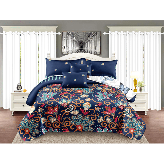 Bohemian Paisley Floral Comforter Set, 5-Piece Navy Blue Bedding Set with Butterfly Print, Includes 1 Comforter , 2 Pillowcases , 2 Cushion Cases , All-Season Soft Bed Linen(QUEEN)